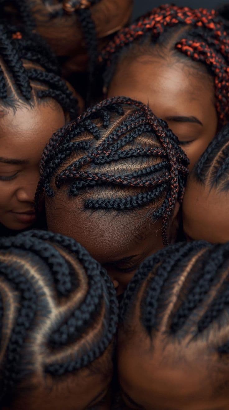Heads bowed together, hair braided in intricate cornrow patterns — African hair as lineage