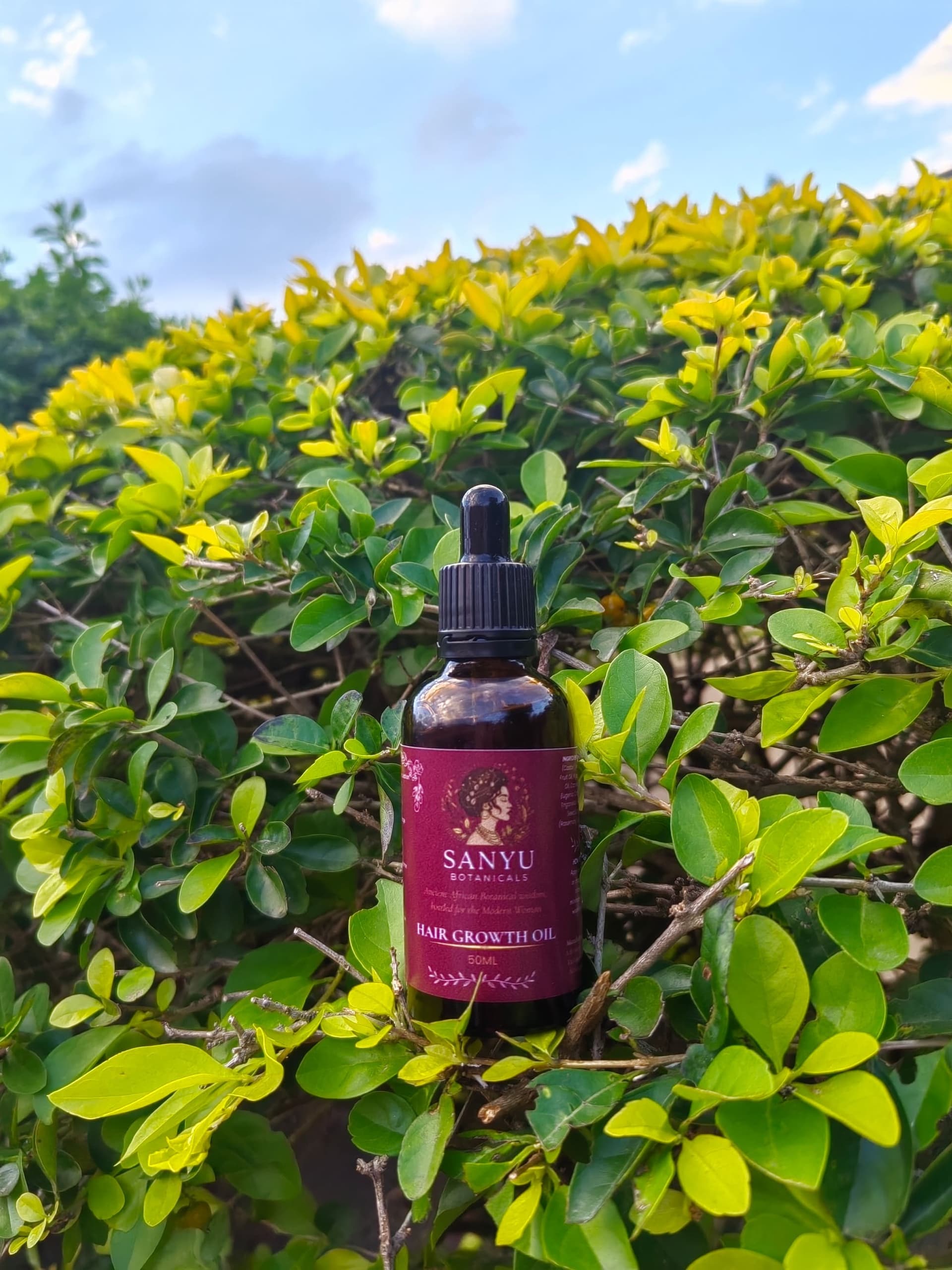Sanyu Signature Oil — 50ml amber dropper in golden light